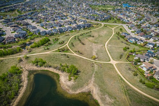 Aerial view of Briarwood which is a residential neighbourhood located in the southeast part of Saskatoon, Saskatchewan, Canada. The majority of its residents live in low-density, single detached dwellings.