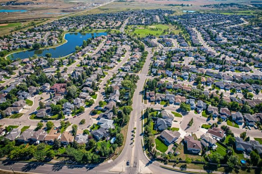 Aerial view of Briarwood which is a residential neighbourhood located in the southeast part of Saskatoon, Saskatchewan, Canada. The majority of its residents live in low-density, single detached dwellings.