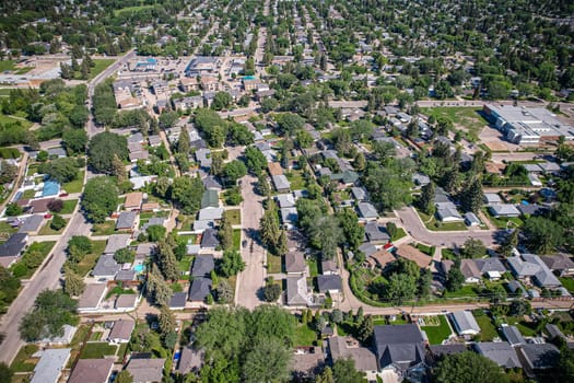 Aerial View of Avalon which is a mostly residential neighbourhood located in south-central Saskatoon, Saskatchewan, Canada. It is a suburban subdivision, consisting mostly of low-density, single detached dwellings. As of 2007, the area is home to 3,214 residents.