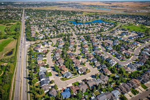 Aerial view of Briarwood which is a residential neighbourhood located in the southeast part of Saskatoon, Saskatchewan, Canada. The majority of its residents live in low-density, single detached dwellings.