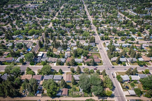 Aerial view of Adelaide Churchill which is a mostly residential neighborhood located in Saskatoon, Saskatchewan, Canada. It is a suburban subdivision, consisting mostly of single detached dwellings.