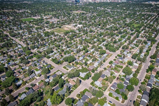 Aerial view of Adelaide Churchill which is a mostly residential neighbourhood located in south-central Saskatoon, Saskatchewan, Canada. It is a suburban subdivision, consisting mostly of low-density, single detached dwellings. As of 2009, the area is home to 3,445 residents.