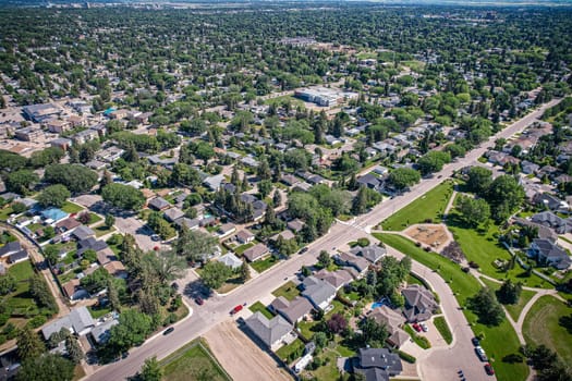 Aerial View of Avalon which is a mostly residential neighbourhood located in south-central Saskatoon, Saskatchewan, Canada. It is a suburban subdivision, consisting mostly of low-density, single detached dwellings. As of 2007, the area is home to 3,214 residents.