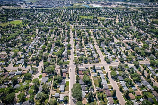 Aerial view of Adelaide Churchill which is a mostly residential neighbourhood located in south-central Saskatoon, Saskatchewan, Canada. It is a suburban subdivision, consisting mostly of low-density, single detached dwellings. As of 2009, the area is home to 3,445 residents.