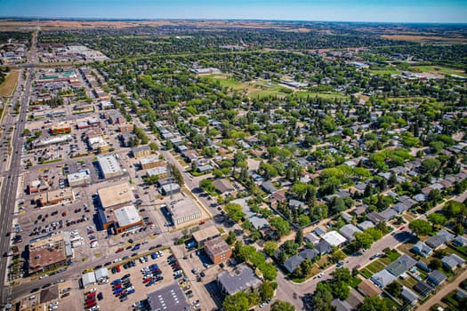 Aerial view of Brevoort Park which is a primarily residential neighbourhood located in the southeast part of Saskatoon, Saskatchewan, Canada. It includes part of the 8th Street business district. Just over half of its dwellings are single detached houses, with a sizeable minority of duplex or apartment-style multiple unit dwellings