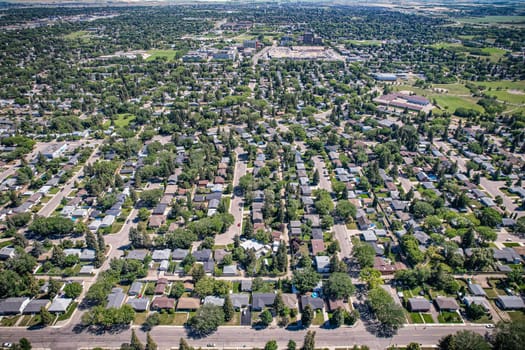 Aerial view of Adelaide Churchill which is a mostly residential neighbourhood located in south-central Saskatoon, Saskatchewan, Canada. It is a suburban subdivision, consisting mostly of low-density, single detached dwellings. As of 2009, the area is home to 3,445 residents.