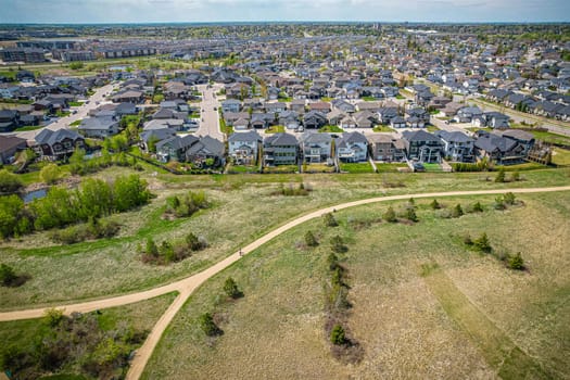 Aerial view of Briarwood which is a residential neighbourhood located in the southeast part of Saskatoon, Saskatchewan, Canada. The majority of its residents live in low-density, single detached dwellings.
