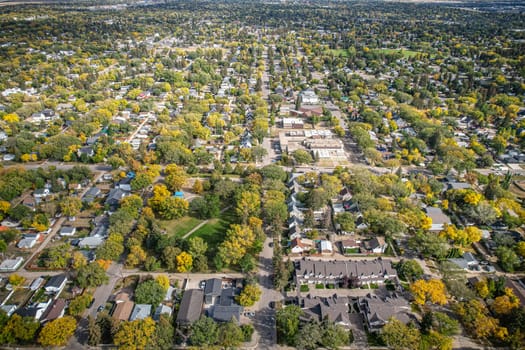 Aerial View of Avalon which is a mostly residential neighbourhood located in south-central Saskatoon, Saskatchewan, Canada. It is a suburban subdivision, consisting mostly of low-density, single detached dwellings. As of 2007, the area is home to 3,214 residents.