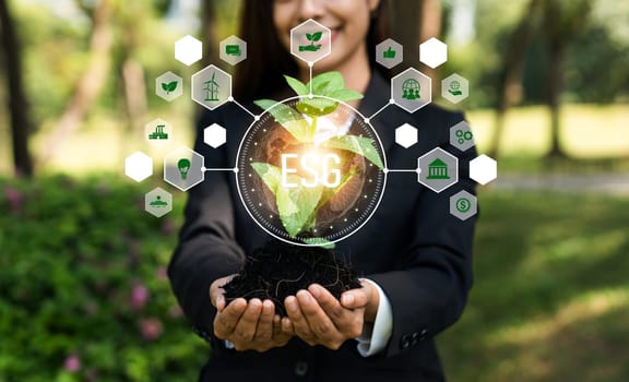 Focused young plant on soil with ESG and eco friendly icon design holding by blurred businesswoman symbolize environmental protection and natural preservation for greener future. Reliance