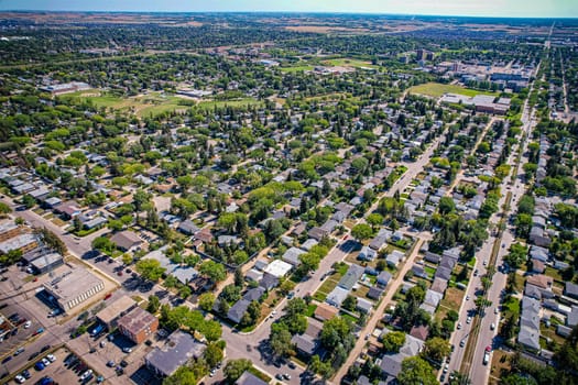 Aerial view of Brevoort Park which is a primarily residential neighbourhood located in the southeast part of Saskatoon, Saskatchewan, Canada. It includes part of the 8th Street business district. Just over half of its dwellings are single detached houses, with a sizeable minority of duplex or apartment-style multiple unit dwellings