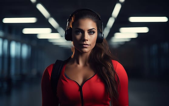 Beautiful girl fitness coach. A young athletic woman listens to music on headphones and gets ready for workout. Healthy lifestyle. AI