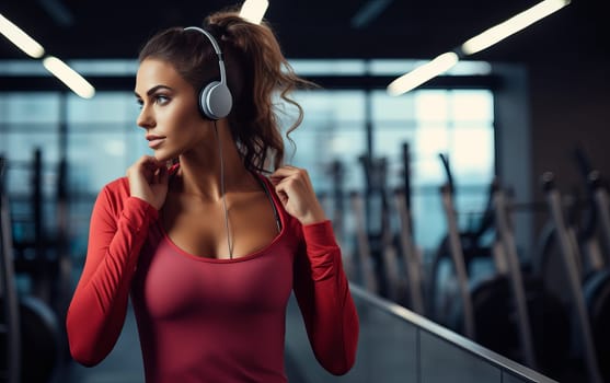 Beautiful girl fitness coach. A young athletic woman listens to music on headphones and gets ready for workout. Healthy lifestyle. AI