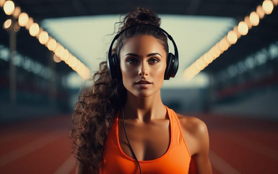 Beautiful African American girl runner at stadium. Young athletic woman listens to music and gets ready for a cardio workout. Healthy lifestyle, concept of a beautiful and healthy body. AI