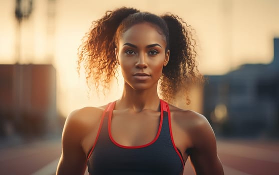 Beautiful African American girl runner at stadium. Young athletic woman gets ready for a cardio workout. Healthy lifestyle, concept of a beautiful and healthy body. AI