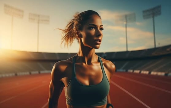 Beautiful girl runner at stadium. Young athletic woman gets ready for a cardio workout. Healthy lifestyle, concept of a beautiful and healthy body. AI