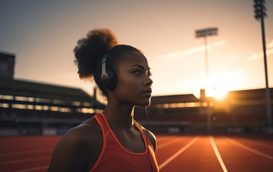 Beautiful African American girl runner at stadium. Young athletic woman listens to music and gets ready for a cardio workout. Healthy lifestyle, concept of a beautiful and healthy body. AI