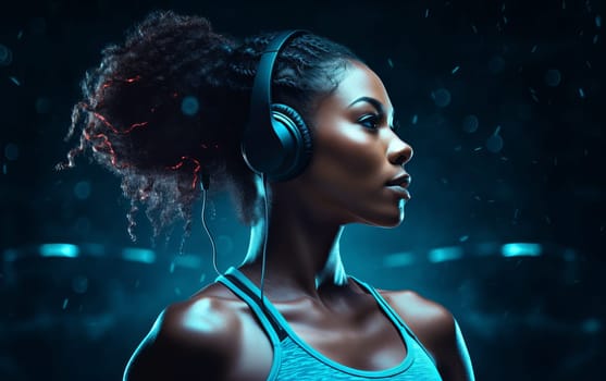 Beautiful African american girl fitness coach. A young athletic woman listens to music on headphones and gets ready for workout. Healthy lifestyle. AI