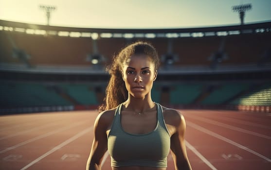 Beautiful African American girl runner at stadium. Young athletic woman gets ready for a cardio workout. Healthy lifestyle, concept of a beautiful and healthy body. AI