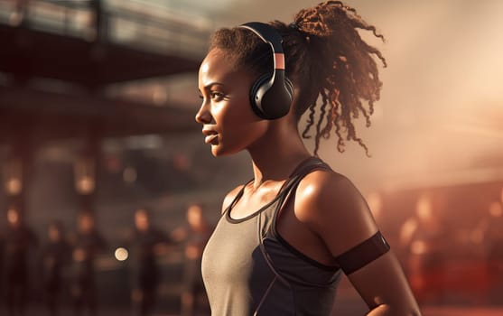 Beautiful African American girl runner at stadium. Young athletic woman listens to music and gets ready for a cardio workout. Healthy lifestyle, concept of a beautiful and healthy body. AI