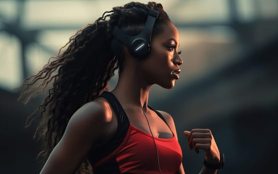 Beautiful African American girl runner at stadium. Young athletic woman listens to music and gets ready for a cardio workout. Healthy lifestyle, concept of a beautiful and healthy body. AI
