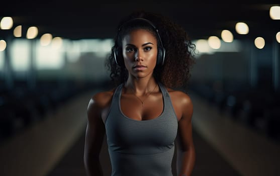 Beautiful African american girl fitness coach. A young athletic woman listens to music on headphones and gets ready for workout. Healthy lifestyle. AI