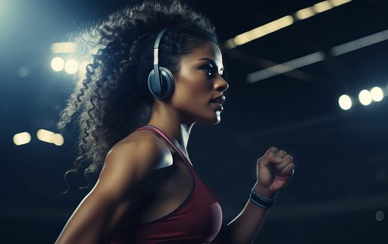 Beautiful African american girl fitness coach. A young athletic woman listens to music on headphones and gets ready for workout. Healthy lifestyle. AI