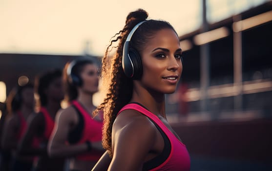 Beautiful latin american girl runner at stadium. Young athletic woman listens to music and gets ready for a cardio workout. Healthy lifestyle, concept of a beautiful and healthy body. AI