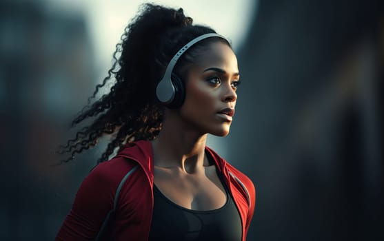 Beautiful African American girl runner at stadium. Young athletic woman listens to music and gets ready for a cardio workout. Healthy lifestyle, concept of a beautiful and healthy body. AI