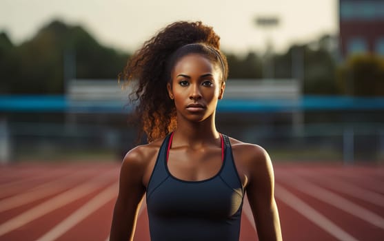 Beautiful African American girl runner at stadium. Young athletic woman gets ready for a cardio workout. Healthy lifestyle, concept of a beautiful and healthy body. AI