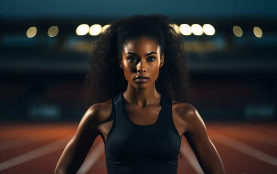 Beautiful African American girl runner at stadium. Young athletic woman gets ready for a cardio workout. Healthy lifestyle, concept of a beautiful and healthy body. AI