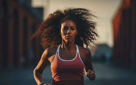 Beautiful African American girl runner at stadium. Young athletic woman gets ready for a cardio workout. Healthy lifestyle. AI