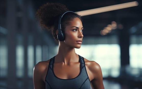 Beautiful African american girl fitness coach. A young athletic woman listens to music on headphones and gets ready for workout. Healthy lifestyle. AI