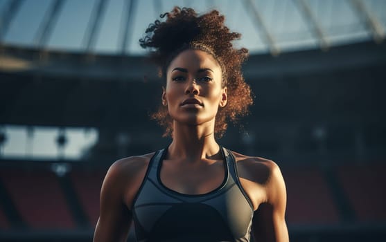 Beautiful African American girl runner at stadium. Young athletic woman gets ready for a cardio workout. Healthy lifestyle. AI