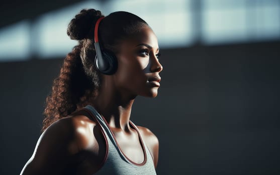 Beautiful African American girl runner at stadium. Young athletic woman gets ready for a cardio workout. Healthy lifestyle, concept of a beautiful and healthy body. AI