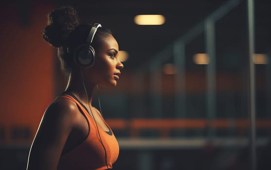 Beautiful African american girl fitness coach. A young athletic woman listens to music on headphones and gets ready for workout. Healthy lifestyle. AI