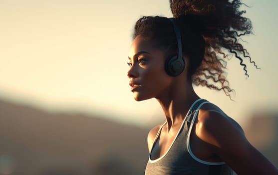 Beautiful African American girl runner in mountainous areas. Young athletic woman listens to music while running long distance. Healthy lifestyle. AI