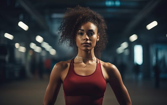 Beautiful African American girl runner at stadium. Young athletic woman gets ready for a cardio workout. Healthy lifestyle. AI