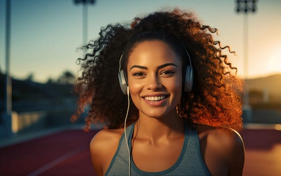 Beautiful African American girl runner at stadium. Young athletic woman listens to music and gets ready for a cardio workout. Healthy lifestyle, concept of a beautiful and healthy body. AI