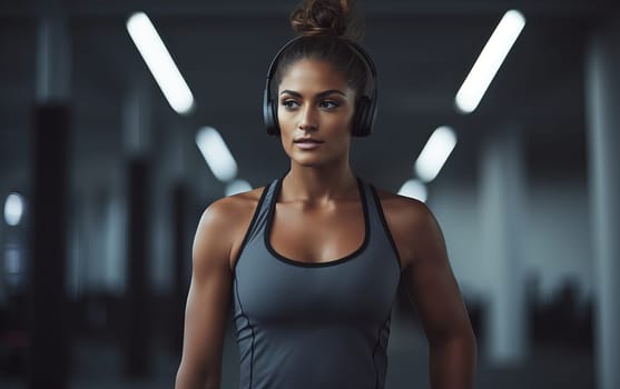 Beautiful latin american girl fitness coach. A young athletic woman listens to music on headphones and gets ready for workout. Healthy lifestyle. AI