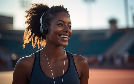 Beautiful African American girl runner at stadium. Young athletic woman listens to music and gets ready for a cardio workout. Healthy lifestyle, concept of a beautiful and healthy body. AI