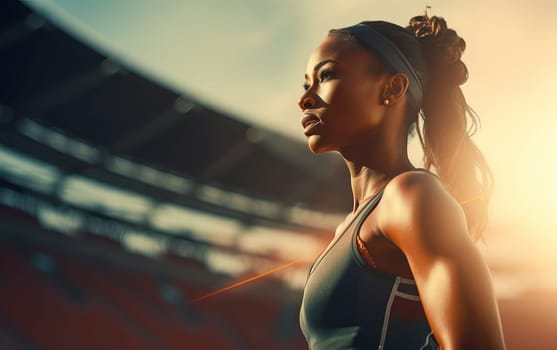 Beautiful African American girl runner at stadium. Young athletic woman gets ready for a cardio workout. Healthy lifestyle, concept of a beautiful and healthy body. AI