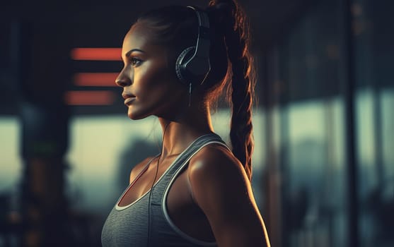 Beautiful latin american girl fitness coach. A young athletic woman listens to music on headphones and gets ready for workout. Healthy lifestyle. AI