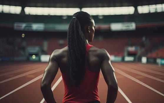 Beautiful African American girl runner at stadium. Young athletic woman gets ready for a cardio workout back view. Healthy lifestyle. AI
