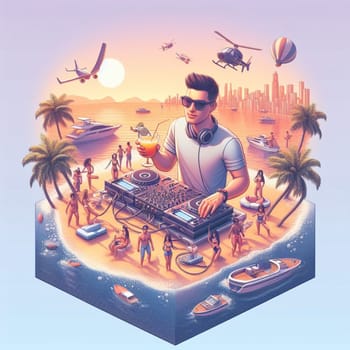 young deejay, wear glasses earphone hosting dj set at crowded beach party tropical island isometric ai generative ai art