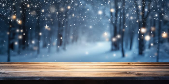 Empty table in beautiful winter landscape, wood plank board in snow mountain outdoor comeliness