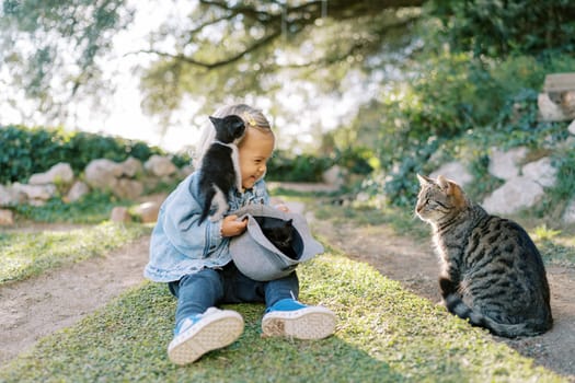 Little smiling girl sits with a hat with kittens on the green grass near the cat. High quality photo