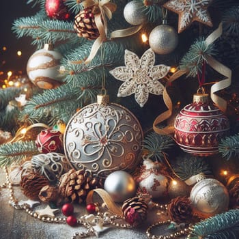 Christmas tree with gifts and lights on the background of a winter landscape.Christmas decoration with gift boxes and baubles on a dark background.Christmas and New Year background with Christmas tree and decorations. Vintage style toned picture.