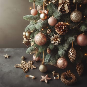 Christmas tree with gifts and lights on the background of a winter landscape.Christmas decoration with gift boxes and baubles on a dark background.Christmas and New Year background with Christmas tree and decorations. Vintage style toned picture.