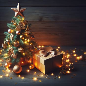 Christmas tree with gifts and lights on the background of a winter landscape.Christmas decoration with gift boxes and baubles on a dark background.Christmas and New Year background with Christmas tree and decorations. Vintage style toned picture.