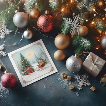 Christmas tree with gifts and lights on the background of a winter landscape.Christmas decoration with gift boxes and baubles on a dark background.Christmas and New Year background with Christmas tree and decorations. Vintage style toned picture.